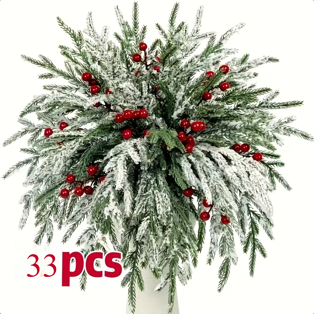 TEMU 35pcs Realistic Norfolk Pine Branches With Red Berries And Snowflakes, Durable Plastic Indoor Outdoor Christmas Tree Decorations, Suitable For