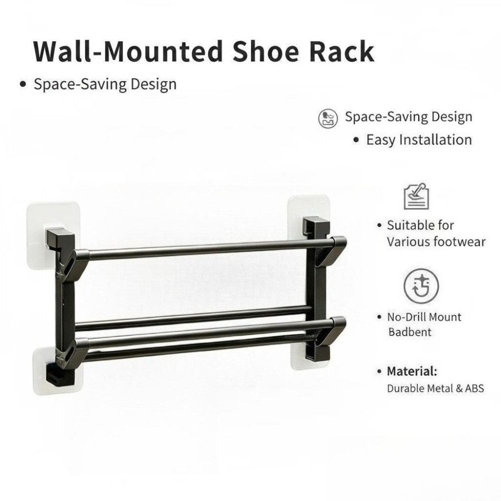 TEMU Geschikt voor 6 schoenen, ponsvrije wandmontage schoenopberger, opvouwbare meerlaagse schoenhouder, heavy-duty zwarte metalen schoenorganizer,
