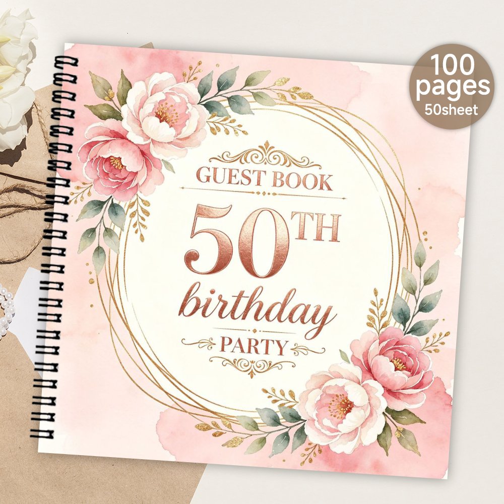 TEMU 1pc Spiral Guestbook, Blank Page 50th Birthday Party Guest Book, Watercolor Pink Floral Decor Message & Signature Book, Meaningful Gift &