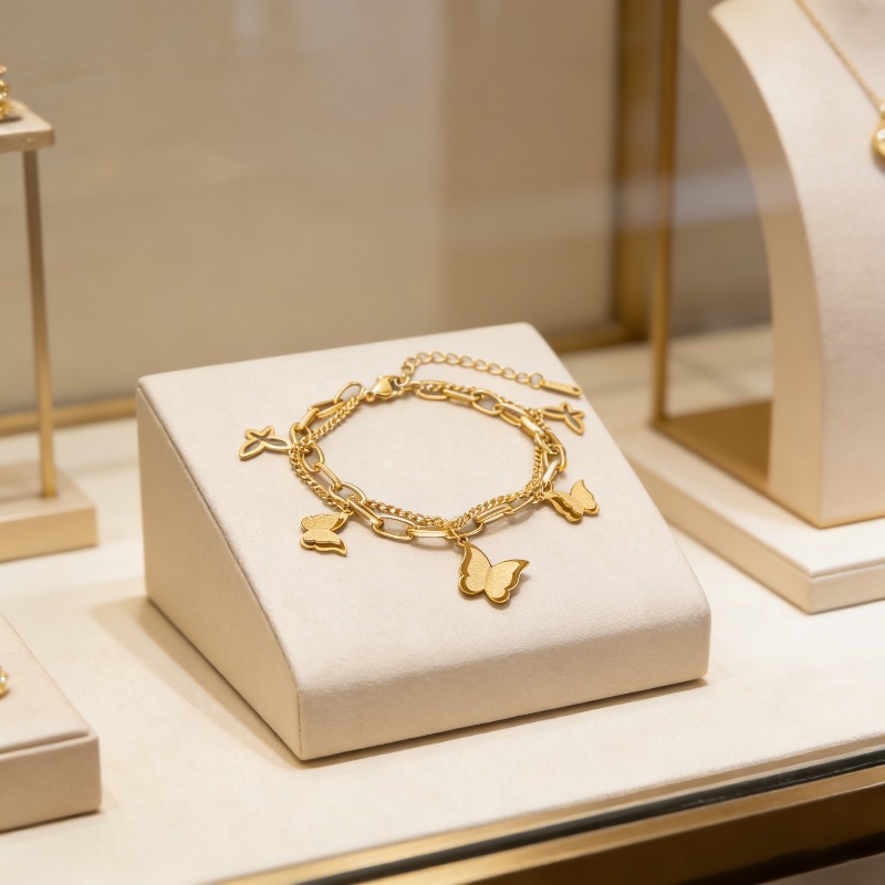 E-shop Damenmode Armband Schmuck, Doppellagiges gestapeltes Schmetterling Anhänger Armband, Edelstahl Beschichtet mit, Nicht leicht zu verfärben,