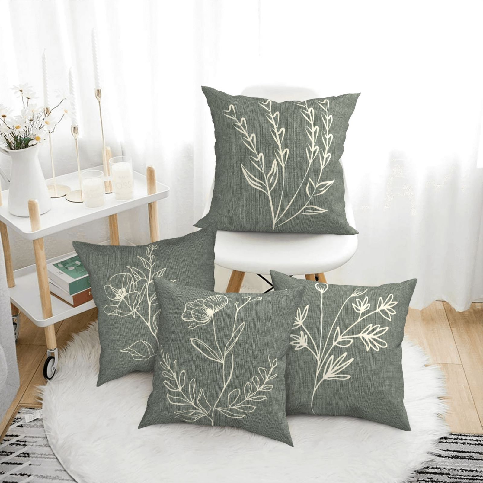 

4-pack Contemporary Floral Throw Pillow Covers, 100% Polyester Linen Blend, Machine Washable, Zippered, Single-side Design, Soft Cases For Home Decor, Bedroom, Living Room, Car - Green Flower Print