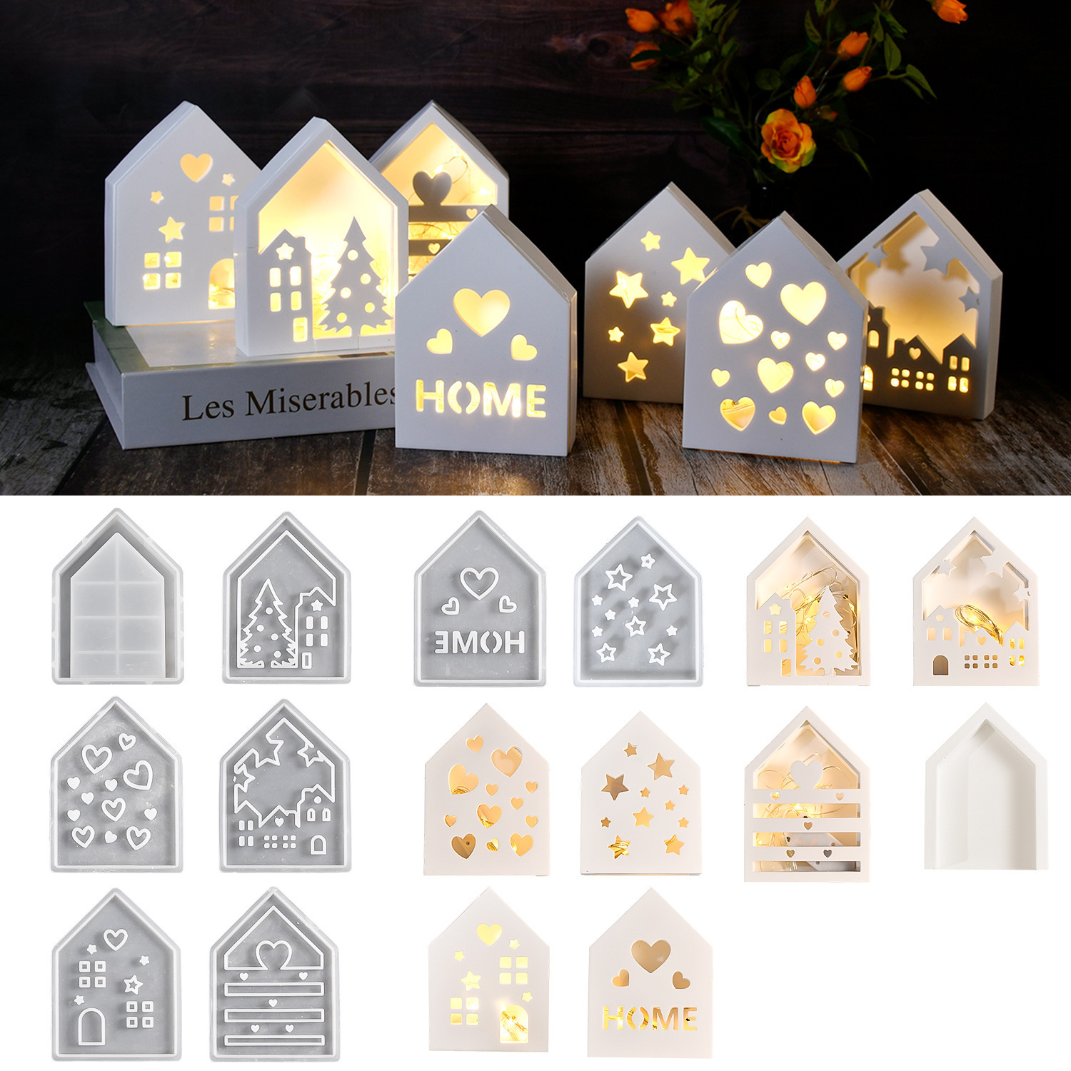 

8pcs Set Glowing Hollow-out Silicone Molds For Lamp Decor, Irregular Shape Molds For Home Decor Crafting, Storage House Molds