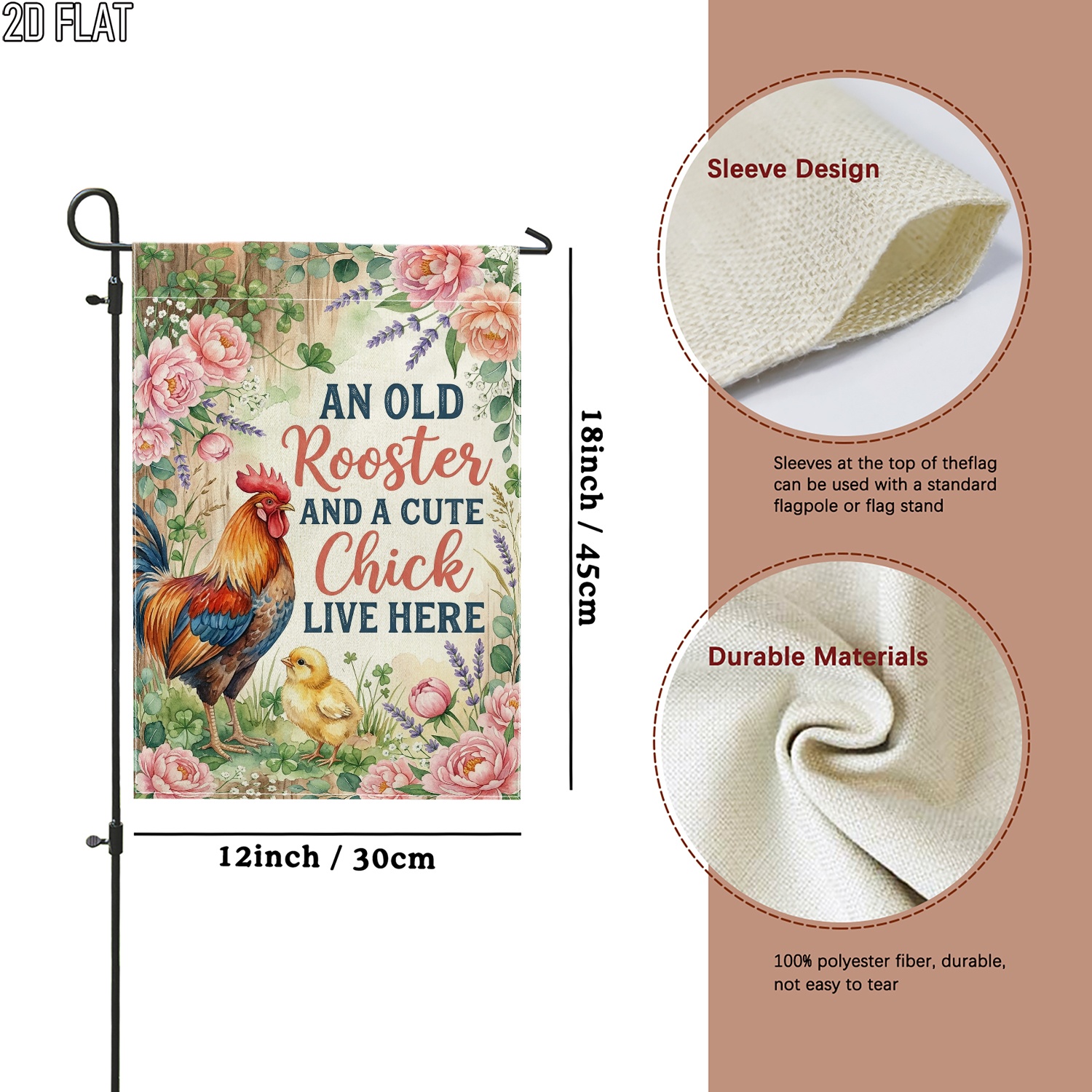 TEMU 2d Flat - 2d Flat - 2d Flat 1pc Outdoor Garden Flag Spring Rooster Chick Green Vertical Double-sided Flag Porch Decoration For Garden Outside