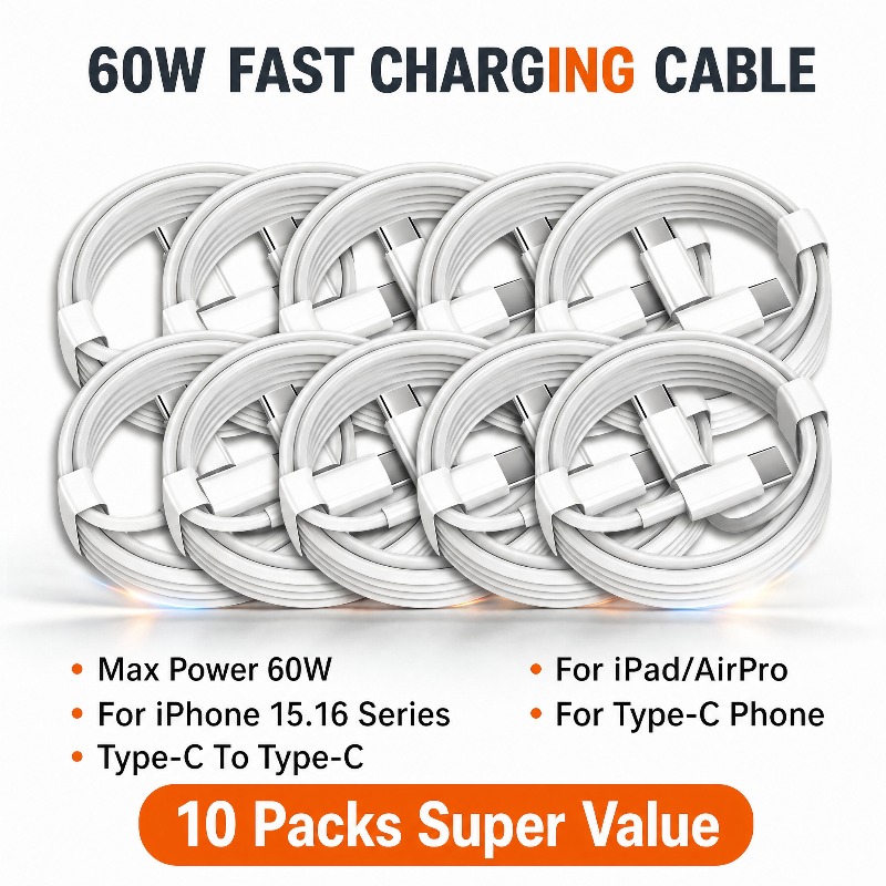 TEMU 10-packs 60w Usb-c To Usb-c Fast Charging Cable, Pd Data Sync Charger Cord, Compatible With Iphone 17/16/15 Pro Max/15 Plus, Ipad Pro, Macbook,