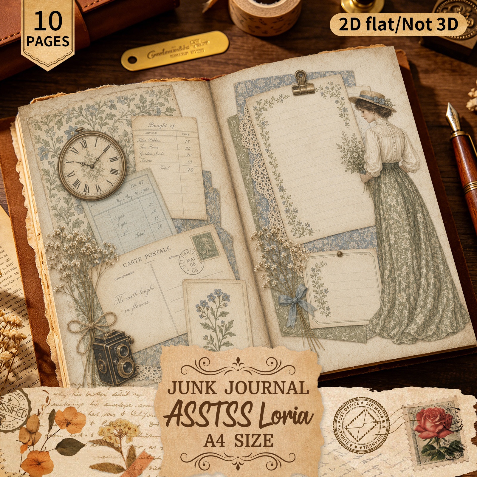 TEMU Asstssloria 10 Sheets A4 2d Flat Vintage Green Pattern Lady And Plants Scrapbooking Paper Set, Handcrafted Junk Journal And Decorative Craft