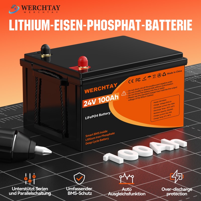 TEMU 24v Lifepo4 Battery 100ah Lithium Battery Suitable For Home, Rv, Marine, Off-grid With Built-in 100a Bms, Low-temp Protection & 25000 Deep Cycle