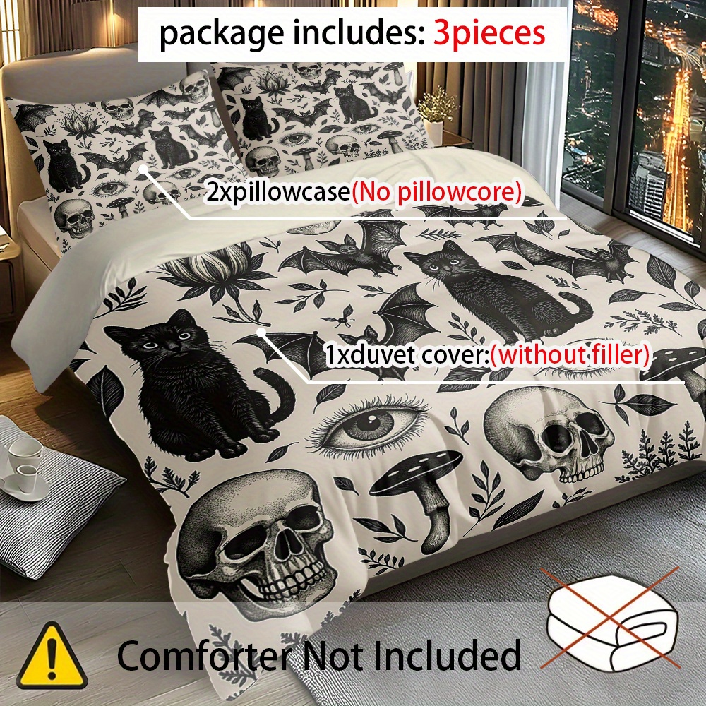 TEMU Juego de para Halloween con Estampado Digital de Murciélago, Gato y Calavera - 1 Nórdica y 2 Fundas de Almohada (Relleno No Incluido). Poliéster