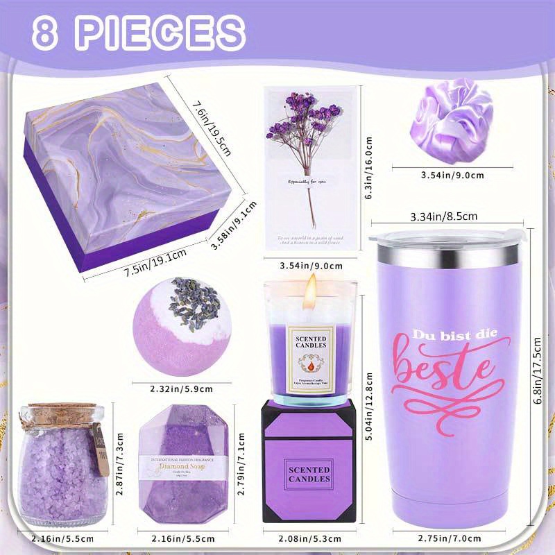 8-dijelni Ljubičasti Poklon Set za Kupanje za Žene - Morska Sol, Pješčana Sol, Spa Set, Rođendanski Poklon za Samoobavještavanje za Mamu, Suprugu ili Najbolju Prijateljicu, Savršen Poklon za Zahvalnost i Božić, Gumica za Kosu, Mirisna Svijeća, Kupaći Prašak, Bombice za Kupanje, Sapun, Poklon Kutija - Idealno za Sezonske Proslave