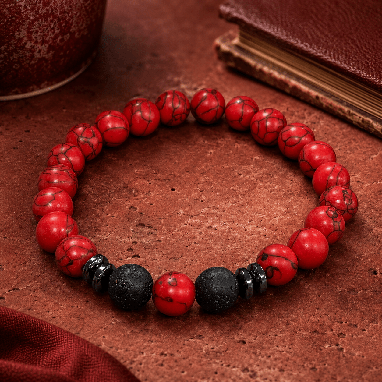 TEMU Bracelet Everyday Edge , Bracelet Extensible à avec Perles Marbre Rouge et Perles Texturées Noires , Bijou Unisexe Cadeau pour Hommes et Femmes