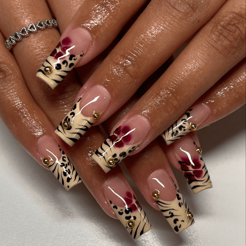 TEMU 48pcs Square Nails, Medium Fake Nails, Glue, Leopard Print Red Flower Acrylic Nails, Extruded Artificial Nail Stickers, Fake Nail Design