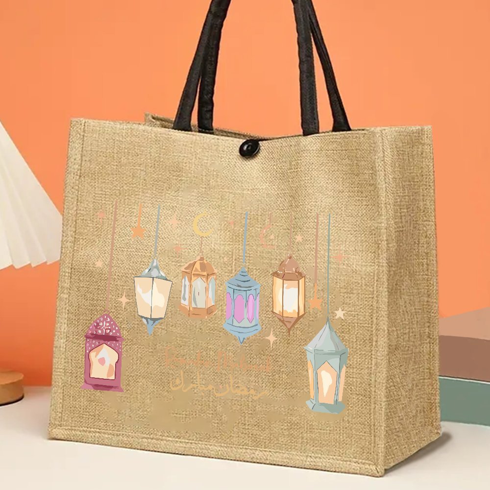 

Chic Ramadan Mubarak Tote Bag - Large Capacity, Jute Handbag With Elegant Print For Shopping, Travel & Outdoor Events, , Picnic, Party