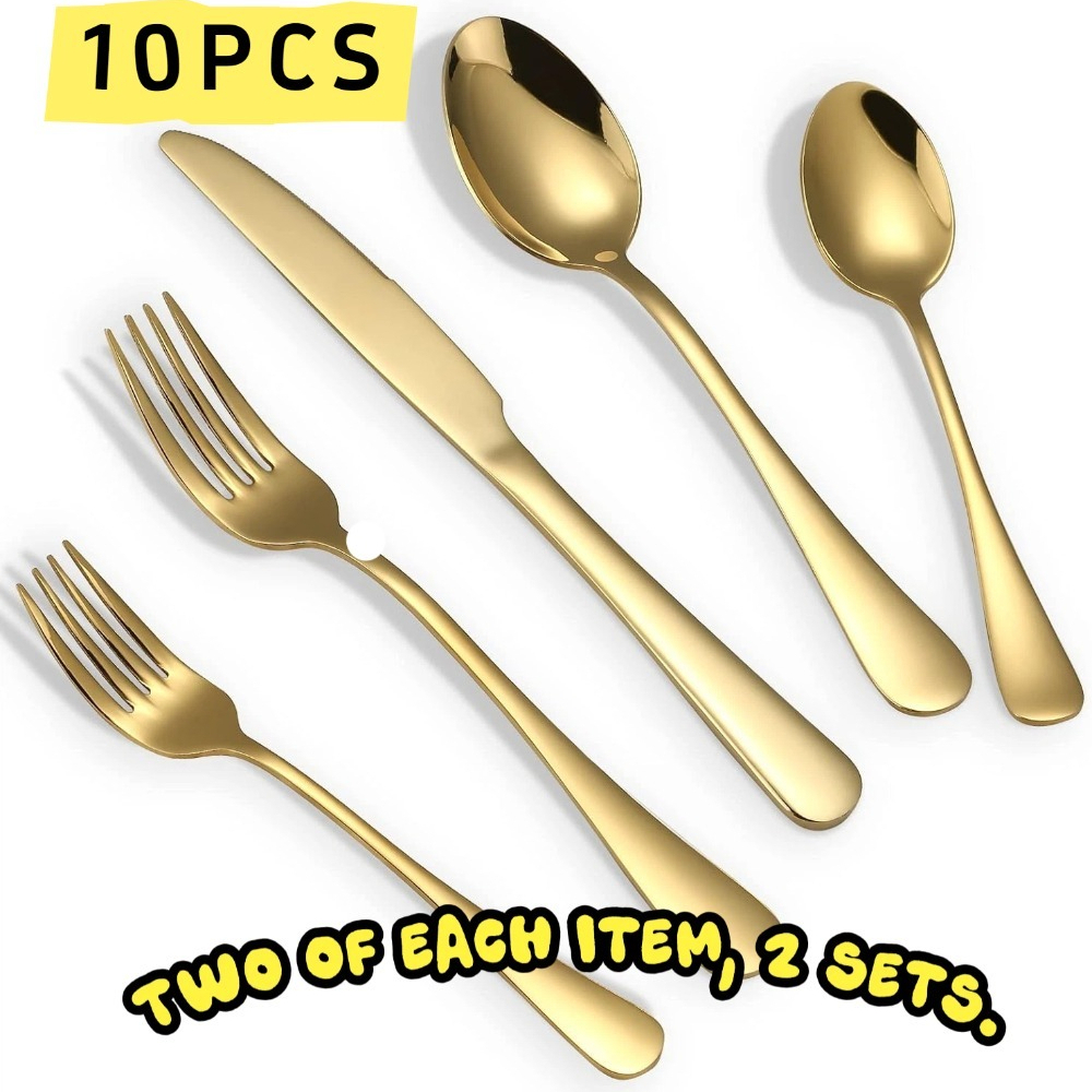 TEMU 10pcs Heavy-duty Golden Stainless Steel Cutlery Set - Elegant -plated Knives, Forks, Spoons And Dessert Spoons Suitable For Home, Weddings, Parties, Restaurants - Dishwasher Safe