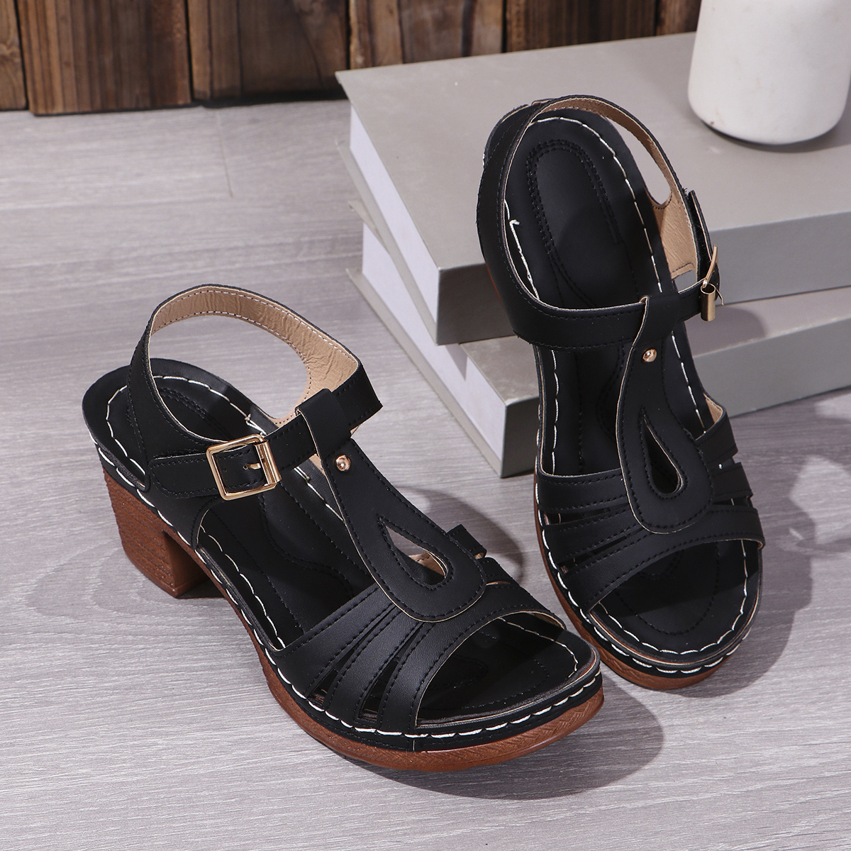 Women's Chunky Heel Sandals with Closure - Comfortable Open Toe Summer Shoes, Black Faux Cover with Orange Accents, Ankle Strap Design for Stylish Outdoor Wear, High Heel Sandals