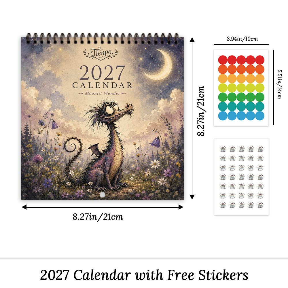 TEMU 1pc, , Gentle Hand-painted Adorable Cute Dragon Wall Hanging Calendar, Whimsical Little Flying Dragon Watercolor Wall Calendar, Suitable For