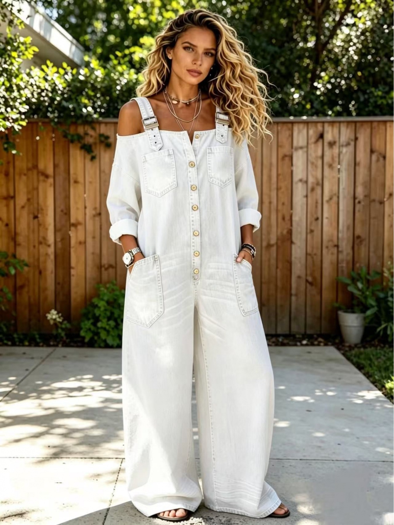 new fashionable y2k   womens off the shoulder straps denim long sleeved waist jumpsuit loose   button front   wide leg jeans classic loose jumpsuit suitable for daily commuting home out dinner dating versatile