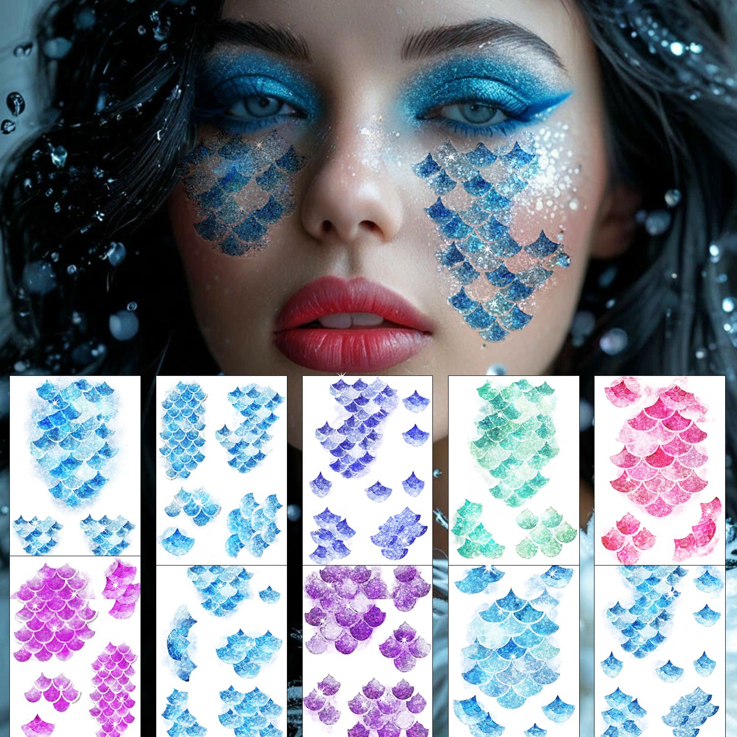 Image of 10designs Glitter Mermaid Scales Face Tattoo Temporary Tattoos Realistic Colorful Fish Scales And Fish Tail Patterns For Party For Party Festival
