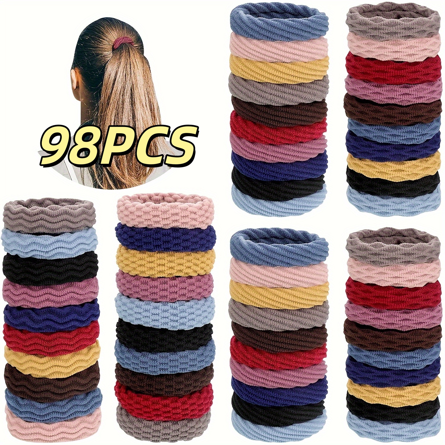 Image of 98 Seamless Hair Ties, Ponytail Clips, Thick Elastic Hair Bands, No Creases, Suitable For Thick And Curly Hair, Lightweight And Elastic(hair Band Colors Are Random)