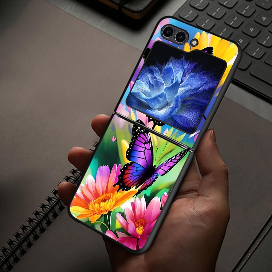 TEMU Étui de Téléphone Fleurs Papillons Colorées pour for Samsung for Galaxy Z Flip 7, 6, 5, 4, 3 / ZFLIP7, Z Flip 5/6, Z Flip 3/4, ZFlip 5G - Coque