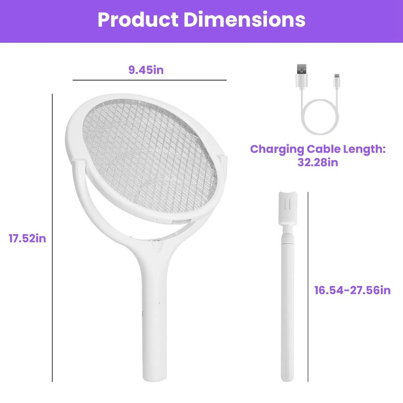 3 in 1 electric   racket 90 rotating   wand indoor outdoor handheld mosquito swatter with telescopic extension wand details 6