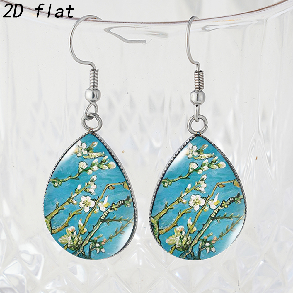 TEMU Pendientes de cristal de con de pintura de flor de de Van , 1 par, estilo 2D , con de y acero inoxidable hipoalergénico con gancho, 2D ,