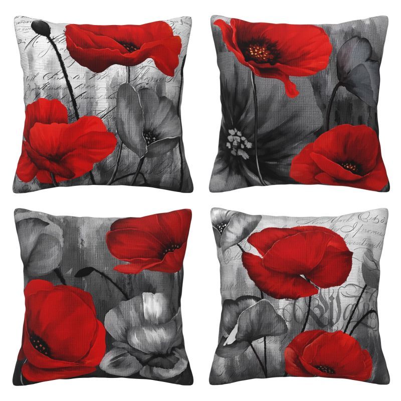 

4pcs Red Poppy Flower Throw Pillow Covers - Modern , Zippered Cushion Cases For Living Room & Bedroom Decor, , Single-sided Design (16x16, 18x18, 20x20 Inches)