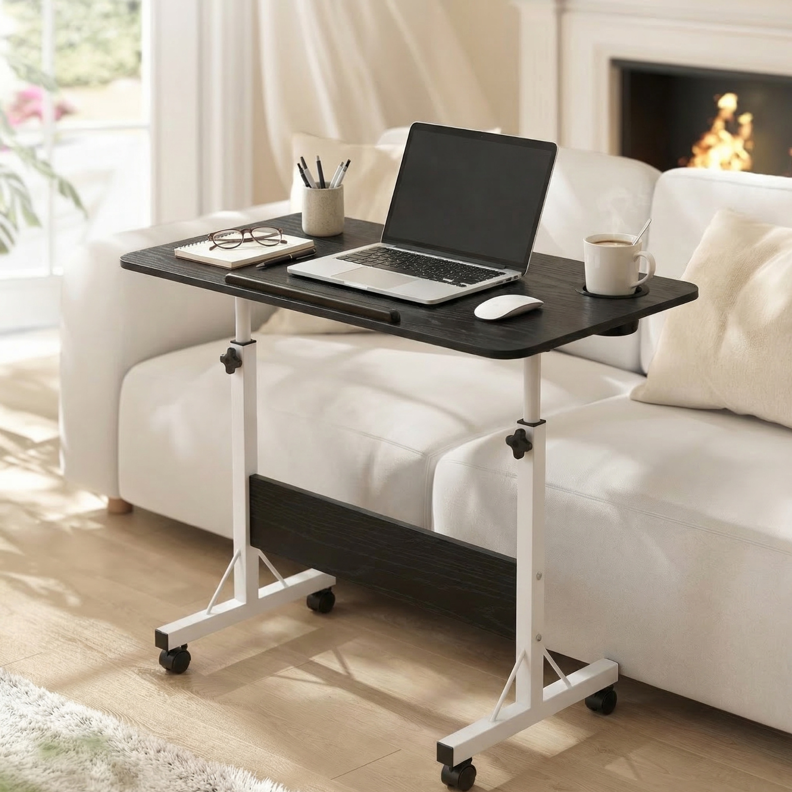 Image of Height Adjustable With Wheels, Foldable Tabletop, Mobile Computer Side Table With Cup Holder, Rolling Work Table For Sofa, Bed, Home Office, Space Saving Design