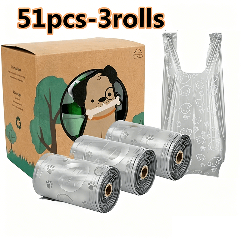 TEMU 51 piezas - 3 rollos de bolsas gruesas para excrementos de mascotas, bolsas para de perro, suministros de limpieza convenientes para mascotas,