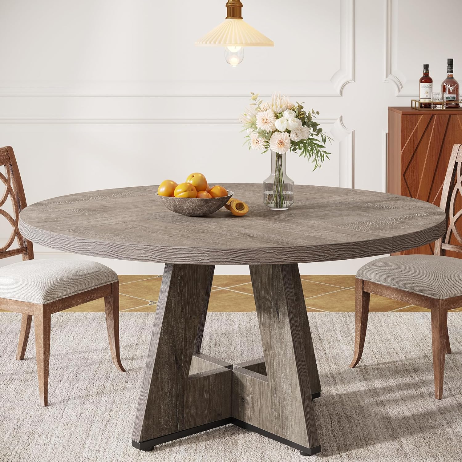 Round Dining Table For 4, 47 Inch Farmhouse Circle Kitchen Table With Wooden Pedestal Base For Kitchen, Dining Room, Living Room