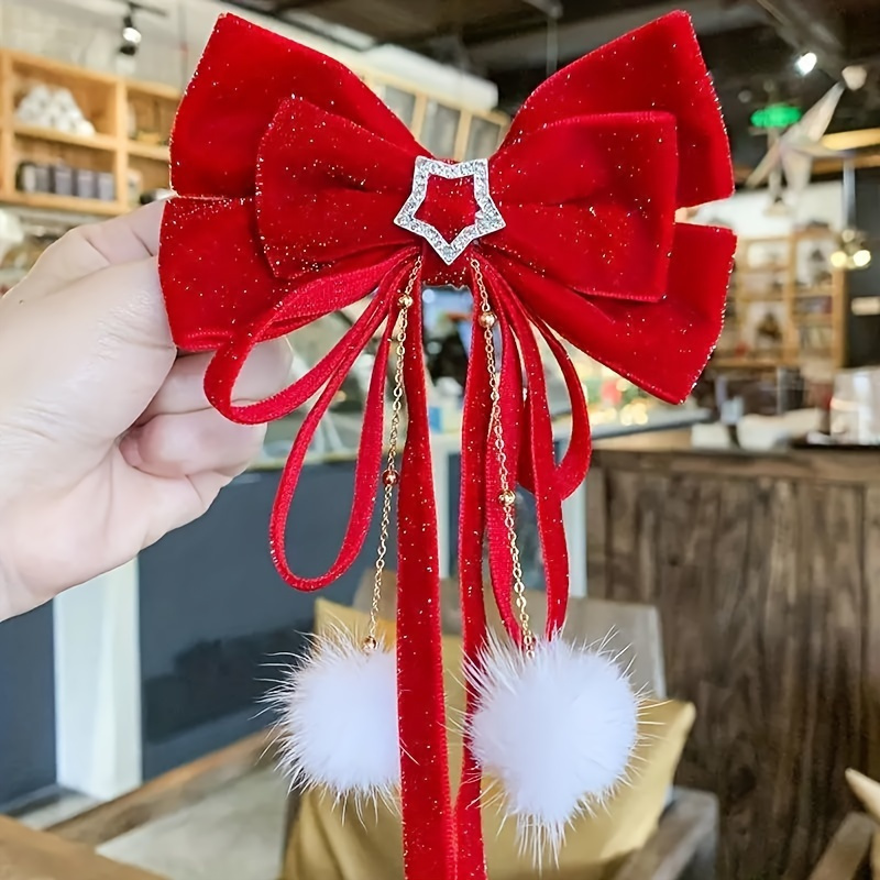 Elegant Red Bow Hair Clip. Christmas Red Bow Hair Accessories. ? Red Grosgrain Hair Bow, Brigitte Hair Bow Barrette, Bright  main image 3