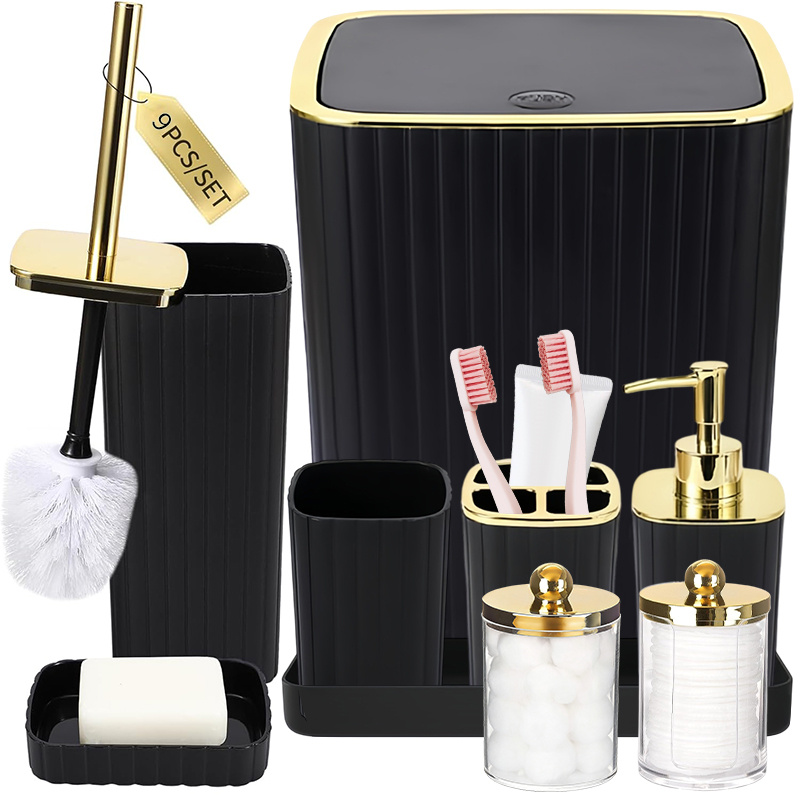 Image of Bathroom Additions Set, Toilet Brush, Trash Can, Q-tip Holder Dispenser And Soap Dispenser