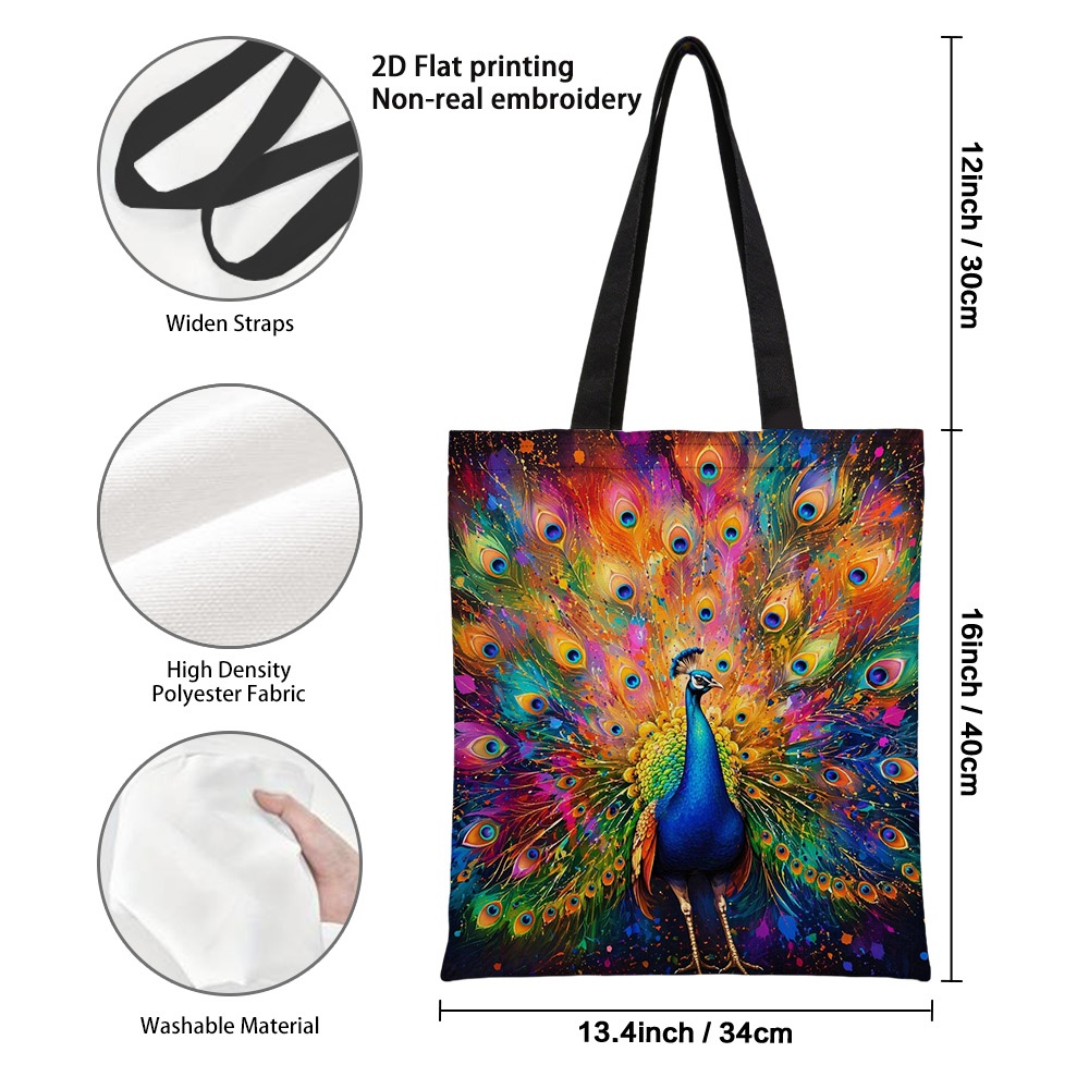 TEMU 1pc 2d Flat Printing Colorful Peacock Pattern Shopping Bag, Ideal For Travel, Storing Cosmetics, Holiday Items, Home Decor, Gifts, Events
