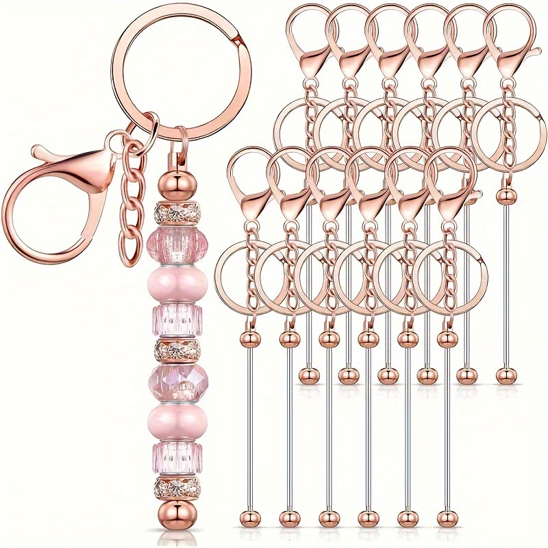 12pcs Stainless Steel Beadable Keychain Blanks Kit with Rose Gold and Silver Charms for Crafting