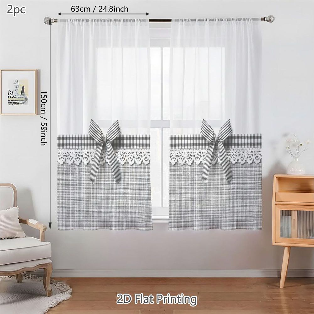 TEMU Rideaux de fenêtre semi-transparents 2D plats, 2 panneaux, pour chambre à coucher - Panneaux à carreaux monochromes avec bordure en dentelle et