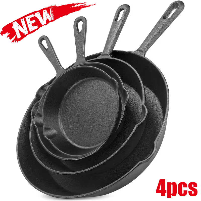 TEMU 4pcs Cast , Cast Set, With Drip Spout, Heavy Duty Frying Pan Cookware, Household Pans, Kitchen Accessories, , For Frying, Sauteing, Cooking,