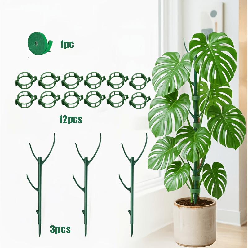 TEMU 16pcs Monstera Plant Support Rod Set, Including 3pcs Support Stands And 1 Roll Of Tape And 12pcs Plant Clips, Stackable Tall Rod With Bundling,