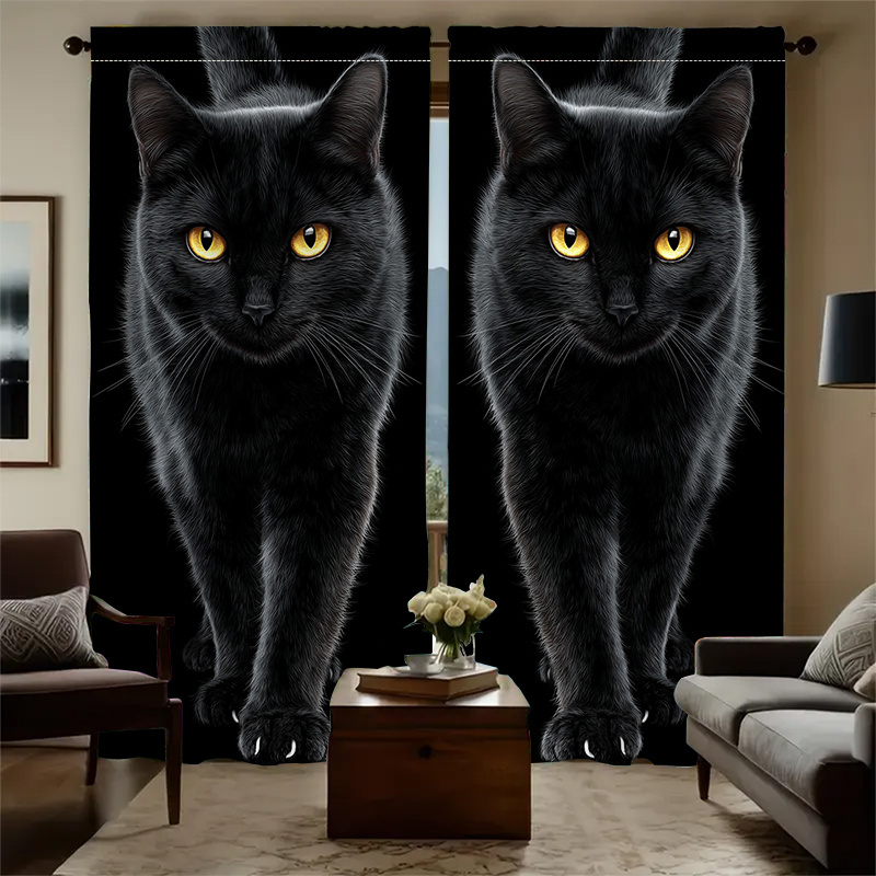 TEMU 1pc/2pcs Of Black Cat Polyester Curtains Featuring An Adorable Black . Blackout Panels Come With A Rod Pocket, Providing Thermal Insulation,