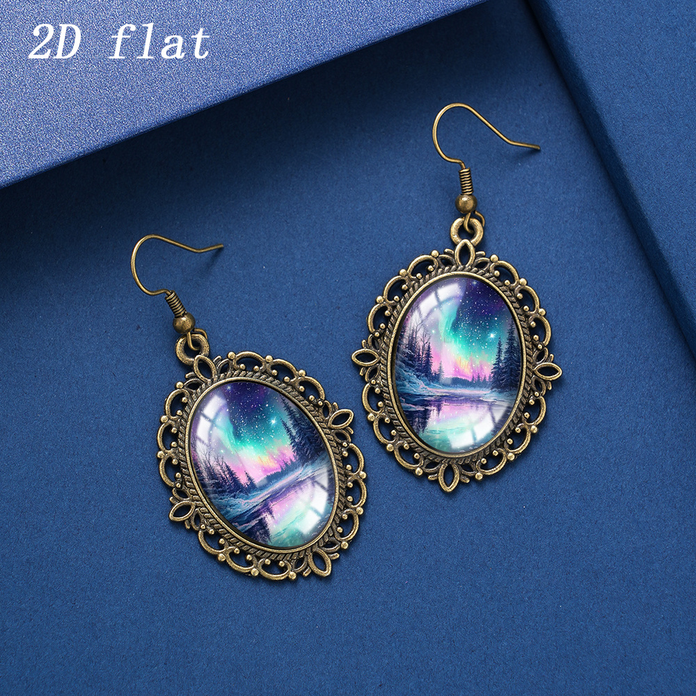 Aurora Forest Lake Reflection Pattern Glass Dangle Earrings