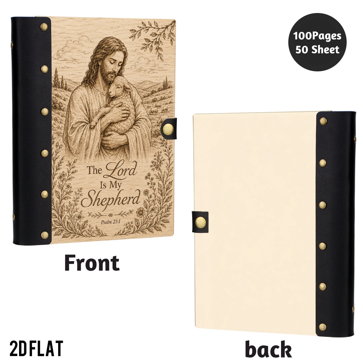 TEMU 1pc 2d Flat Wooden Notebook, The Lord Is My For Shepherd Holding Lamb Pastoral Sketch Print, Hardcover 100 Pages With Leather Rivet Craft