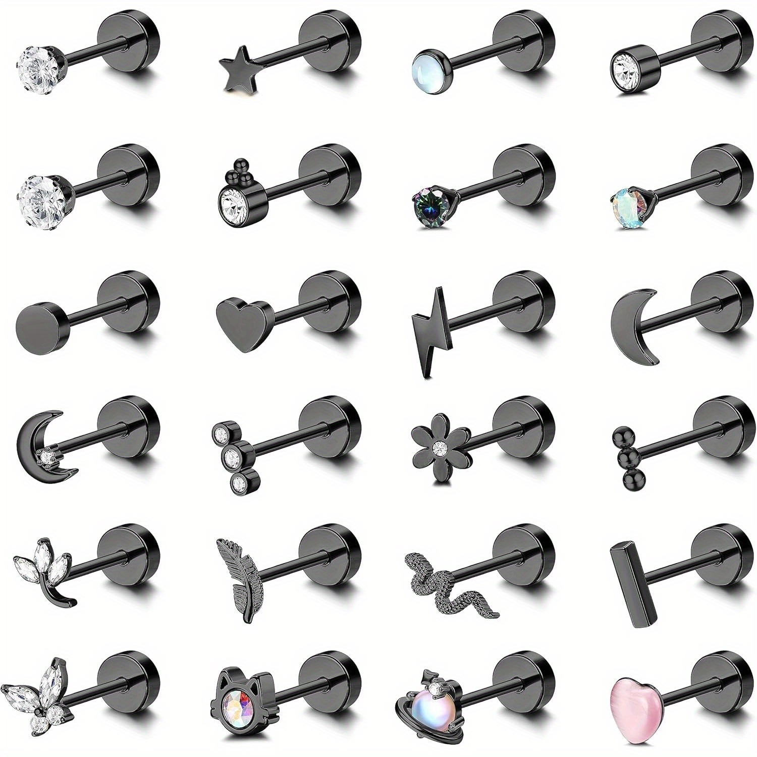 2d Flat - 24pcs Cartilage Earrings For Women Men 20g Surgical Steel Flat Back Stud Earrings Cz For Helix Conch Small Flatback Earrings Hypoallergenic Earrings