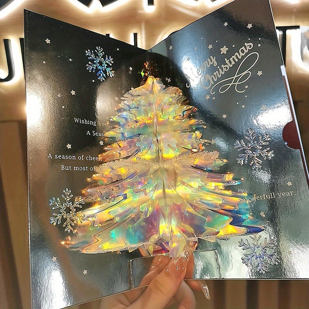 TEMU 2pcs 3d Pop-up Christmas Tree Card With Envelope - Sparkling Iridescent , Layered Branches With Snowflakes & Ornaments - Elegant Greeting Card