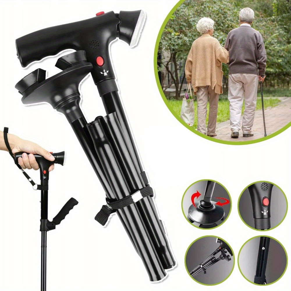 Folding Trekking Poles With Adjustable Handles, Padded T-shaped Handles, And Swivel Four-legged Bases, Suitable For Hiking, Mountaineering, And Backpacking