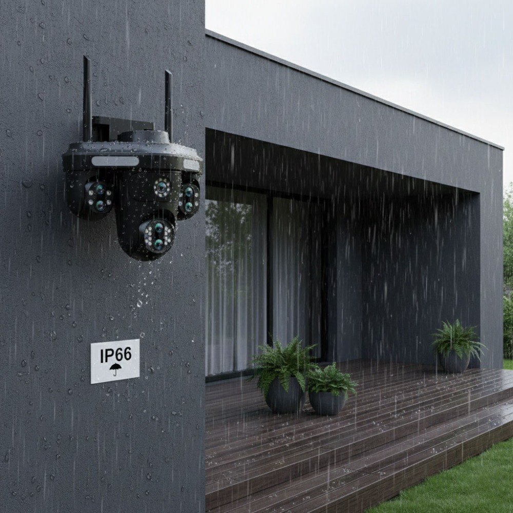 7-Lens 4MP Outdoor WiFi Security Camera, 10X Optical Zoom, Quad Screen Display, PTZ Control, Motion Detection, Auto Tracking, Color Night Vision, Two-Way Audio, 2.4GHz, DC12V, LED Lights, Bullet Camera for Home and Business Security, No Battery