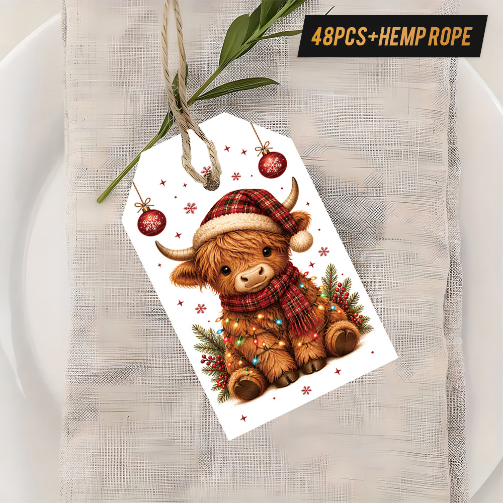 TEMU 48pcs Tags With , Plaid Hat Highland Cow Fairy Lights Rustic Watercolor Design, Fit Season, Bag , Hamper Decor Etc, Convey Warm Country