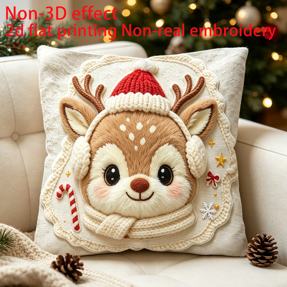 TEMU 2d Flat - 1pc 2d Flat Printing, Non-real Embroidery, Non-3d Effect, Plush Pillow Cover, Individual Printing, , Cute Christmas Reindeer Wearing