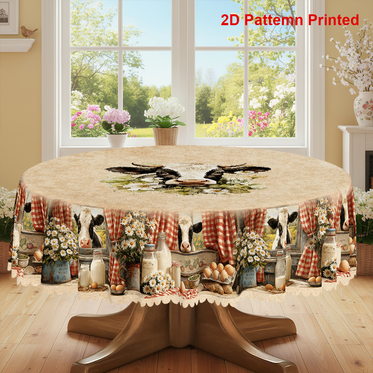 TEMU 1pc, Themed Party Tablecloth, Spring Summer Vintage Buffalo Check Egg Daisy Floral Printed Design, Rectangular/round/oval Table Cloth, Embossed