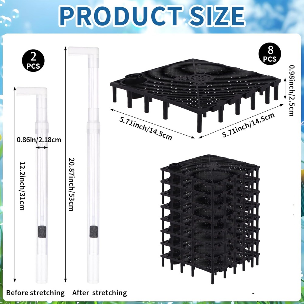 TEMU 8pcs Aquarium Undergravel Filter Board Set With 2 Extendable Tubes, Modular Grid Divider For Fish Tank Bottom Filtration And Aquascaping, Black