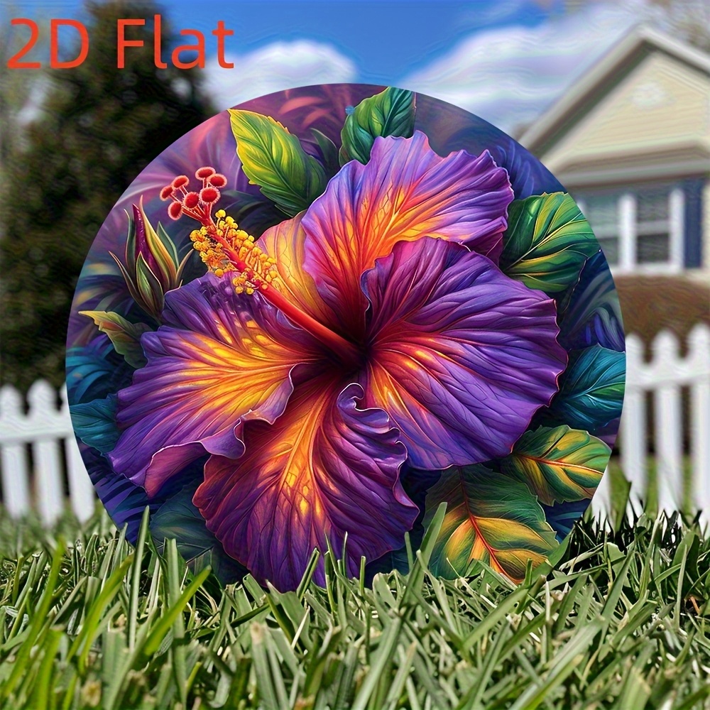 2d Flat, 1pc Vibrant Tropical Leaf & Hibiscus Flower Art Aluminum Wall Sign - 7.87x7.87 Inch, Home, Bar, Cafe, Garage Decor, 20cm X 20cm, Plant Decor, Room Decor