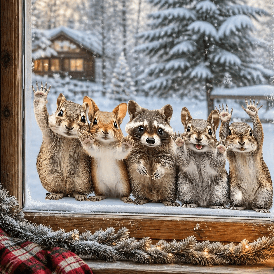 TEMU 1pc Autocollants de fenêtre mignons d'hiver avec écureuil et raton laveur, autocollants amovibles et auto-adhésifs pour verre, adorable de neige