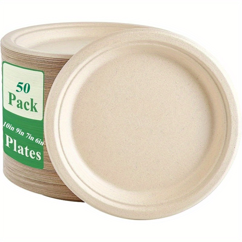 50pcs of sugarcane fiber paper plates disposable round dinner plates suitable for parties catering barbecues weddings and everyday use essential picnic tableware easy design with   edges kitchen utensils