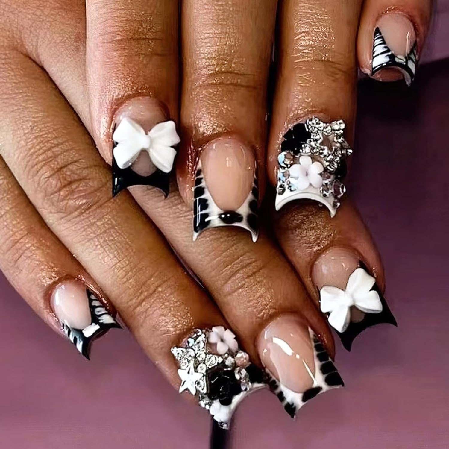 TEMU 48pcs French Tip Press On Nails Short Square Fake Nails With Bow Charms Designs Black White Zebra Print False Nails Cute Small Flowers Silvery Star Nail Rhinestones Stick On Nails For Women